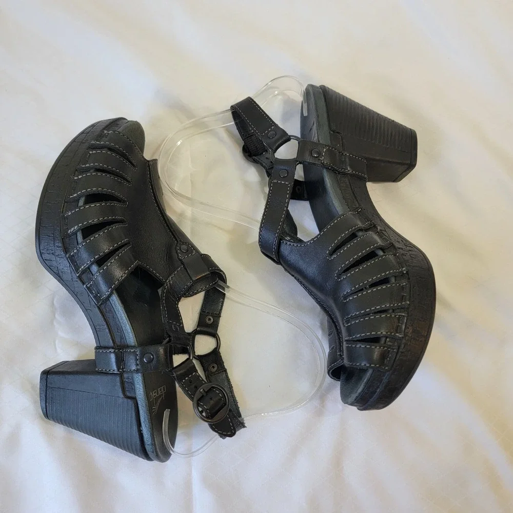 Dansko Randa Black Leather Platform Heeled Sandals EU 38 US 7.5-8 Cage Buckle